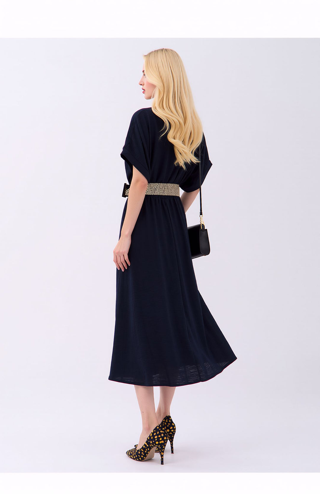 Navy Wrap Midi Dress Elegant Summer Occasion Dress with Belt
