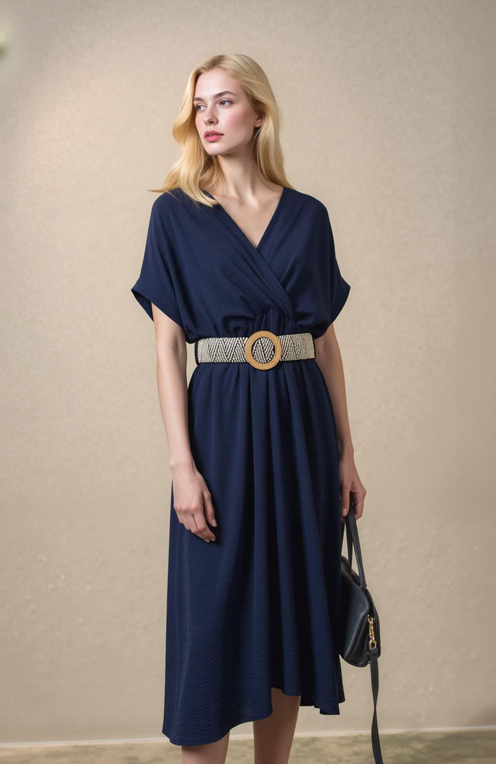 Navy Wrap Midi Dress Elegant Summer Occasion Dress with Belt