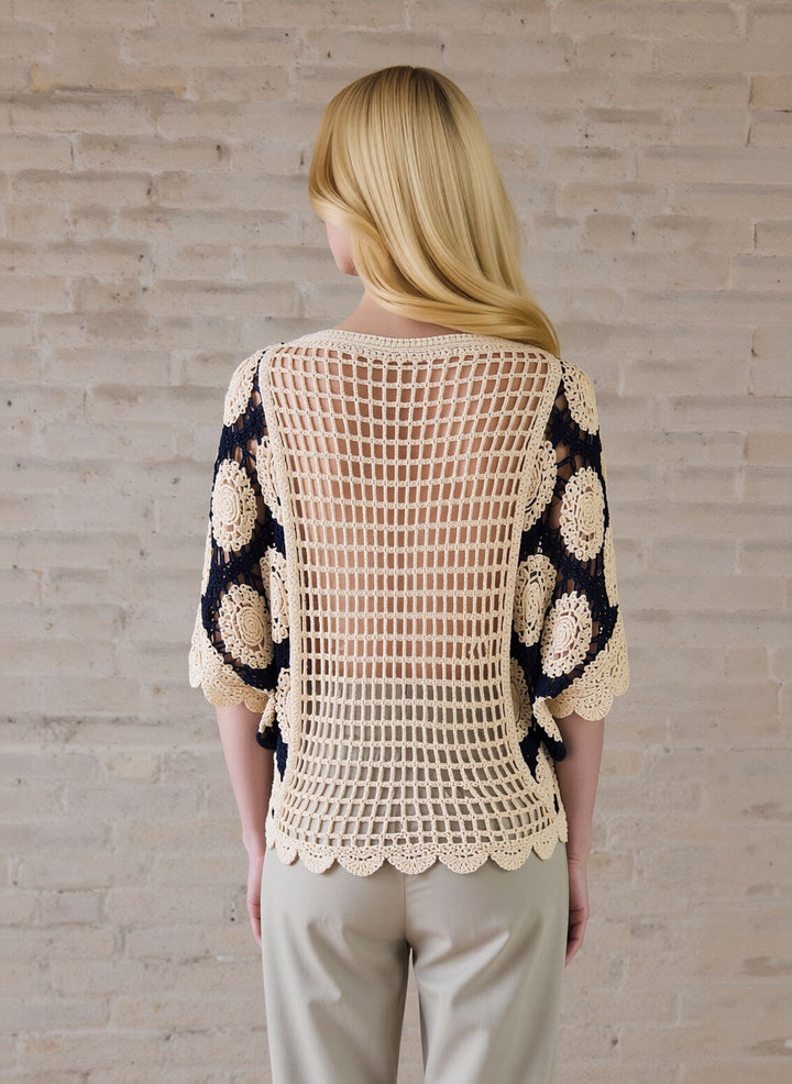 Navy & Beige Crochet Boho Short Sleeve Knit Blouse Lace Top