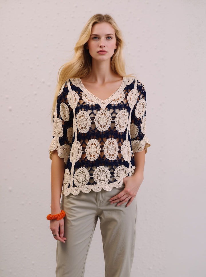 Navy & Beige Crochet Boho Short Sleeve Knit Blouse Lace Top