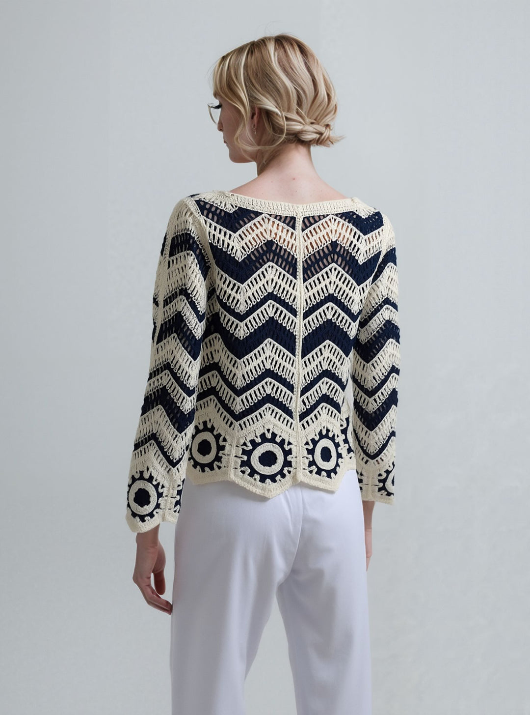 Navy & Cream Crochet Knit Button Boho Cardigan