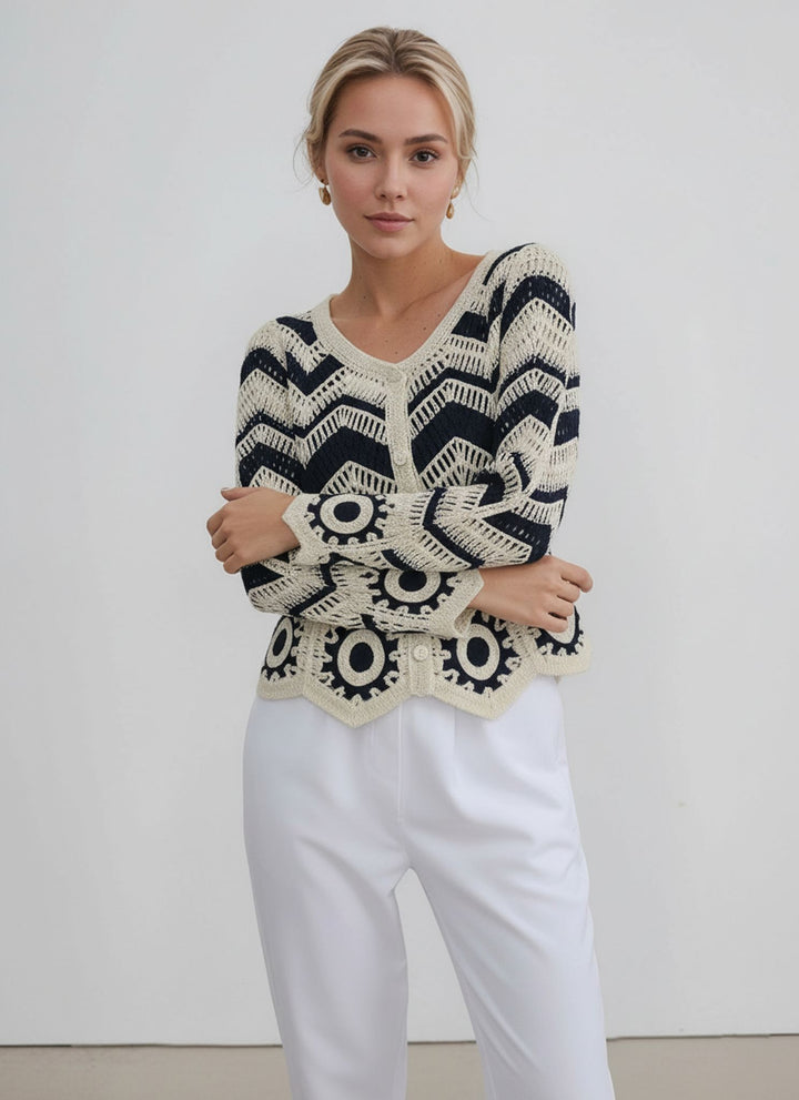Navy & Cream Crochet Knit Button Boho Cardigan