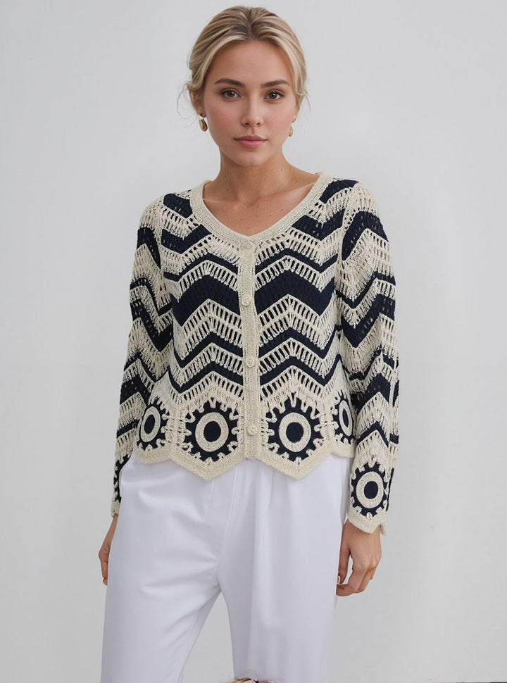 Navy & Cream Crochet Knit Button Boho Cardigan