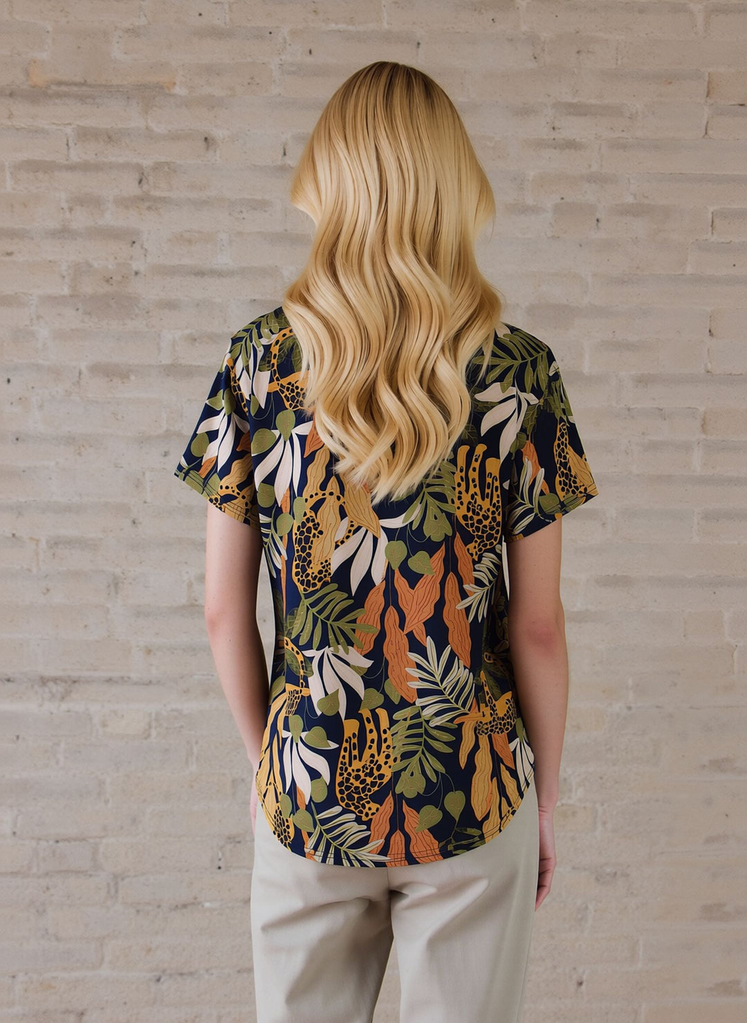 Navy tropical Pattern Zip Detail Short Sleeve Top