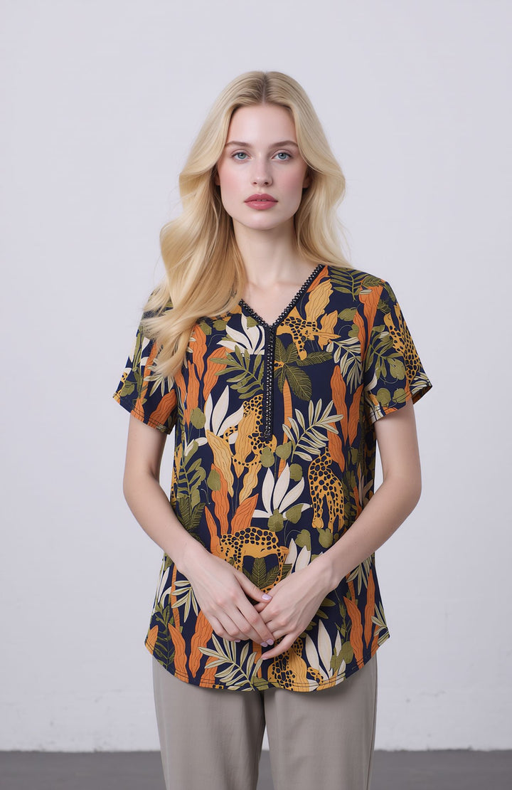 Navy tropical Pattern Zip Detail Short Sleeve Top