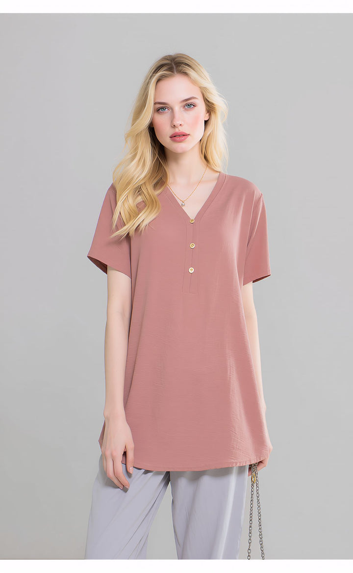 Nude Pink V-Neck Button Front Blouse Casual Loose Short Sleeve Top