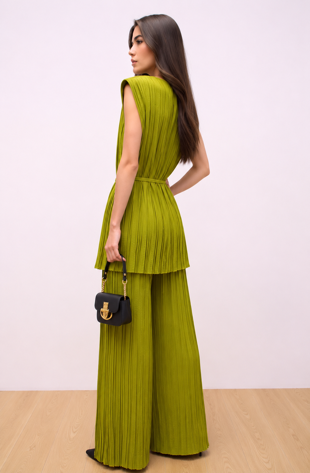 Olive Green Pleated Wide Leg Co-Ord Set Elegant Relaxed Fit Two Piece Outfit
