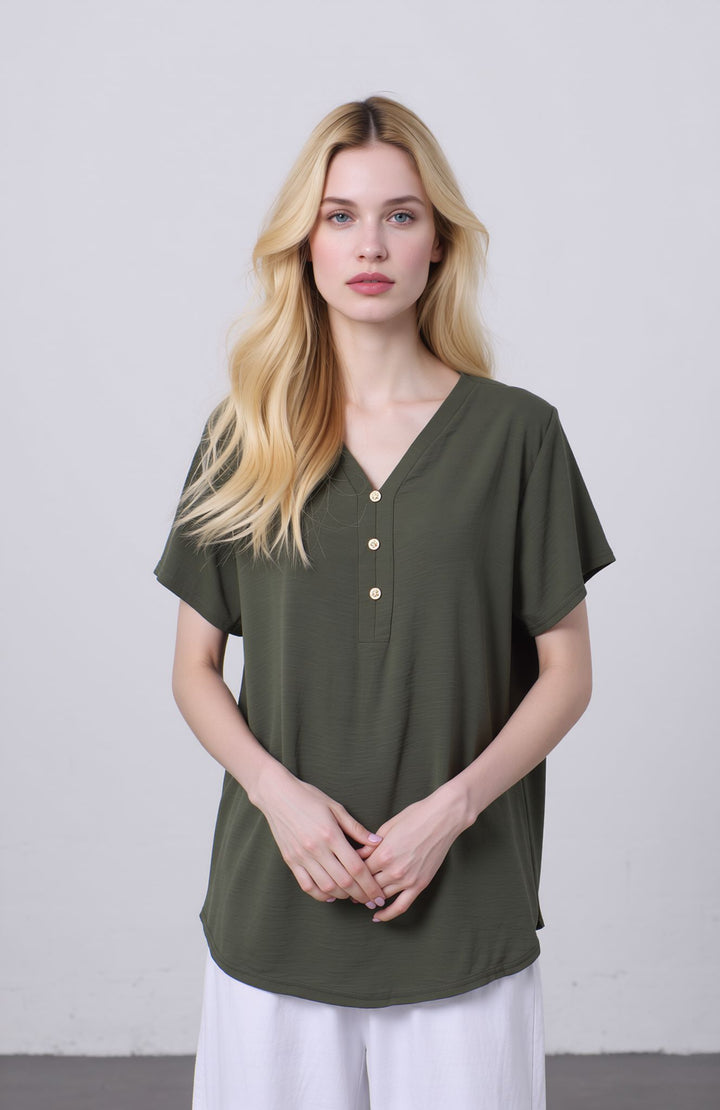 Olive Green V-Neck Button Front Blouse Casual Loose Short Sleeve Top