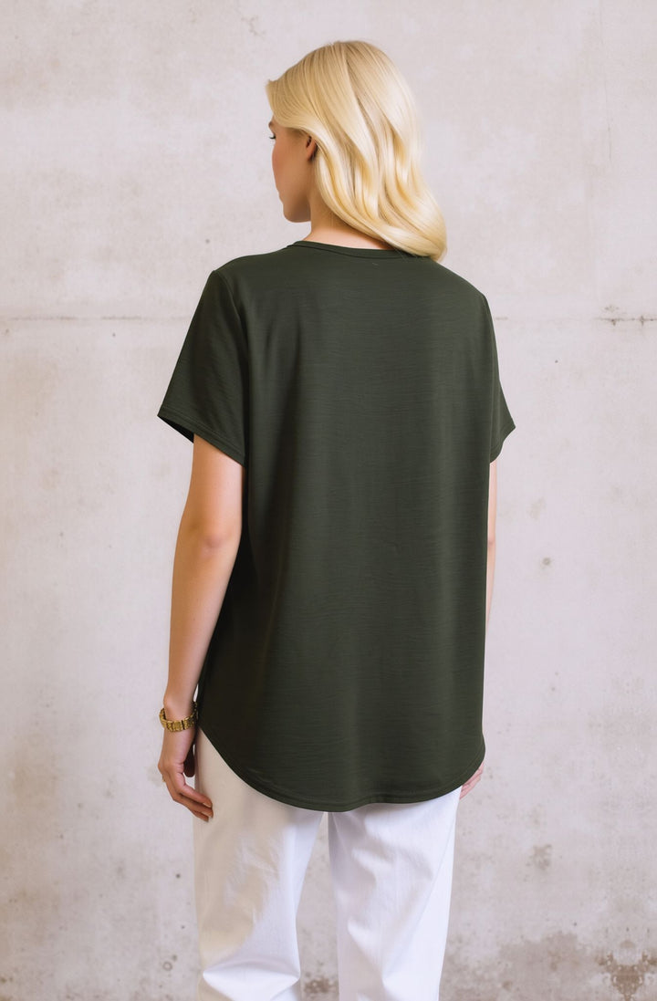 Olive Green V-Neck Button Front Blouse Casual Loose Short Sleeve Top
