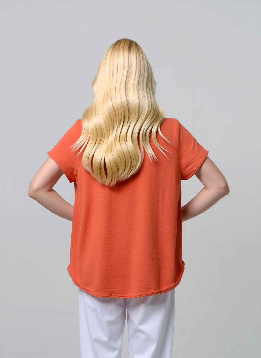Orange Crew Neck Casual Short Sleeve Loose Fit Summer Top with Necklace