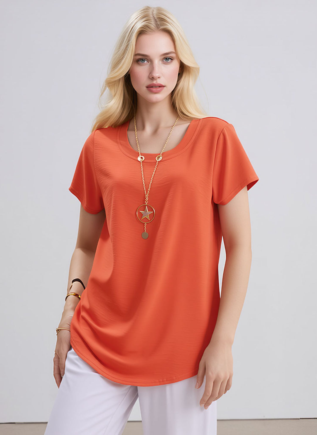 Orange Crew Neck Casual Short Sleeve Loose Fit Summer Top with Necklace