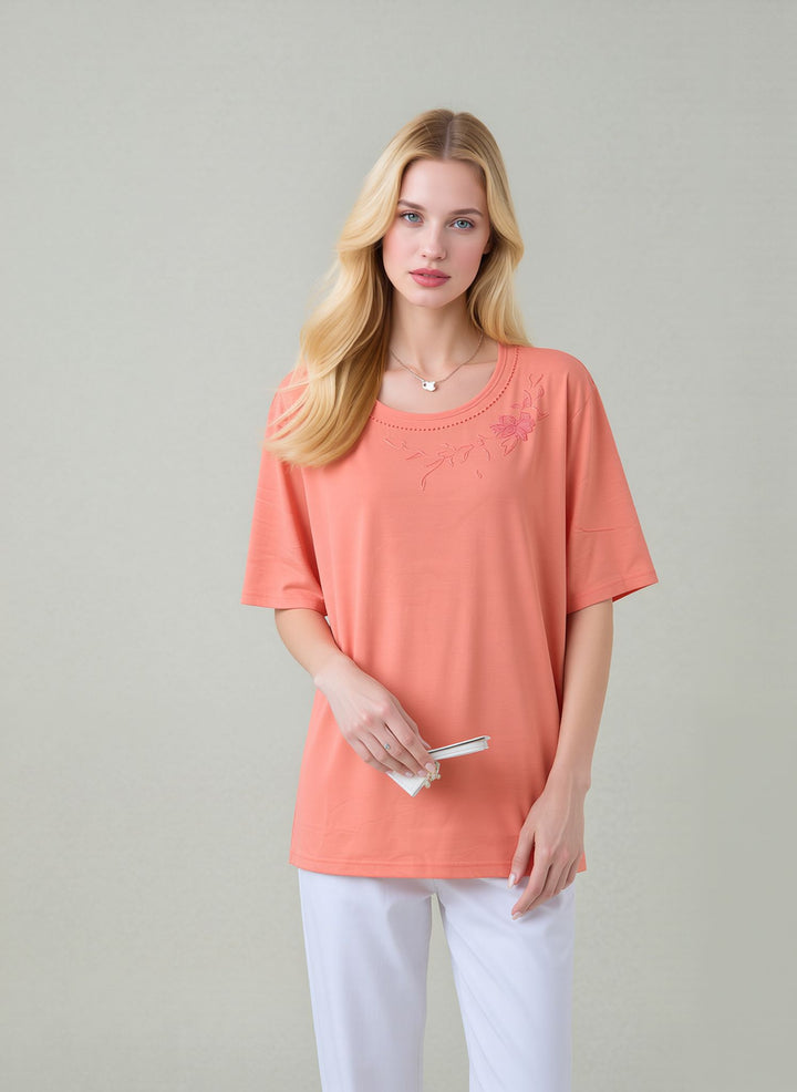Orange Embroidered Round Neck T-Shirt Soft Casual Summer Top