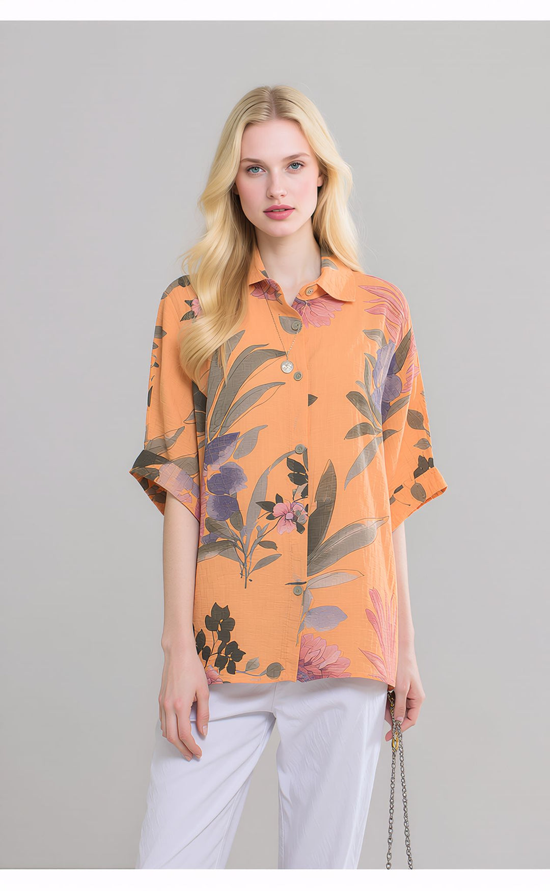 Orange Floral Cotton Button Lightweight Summer Shirt Top