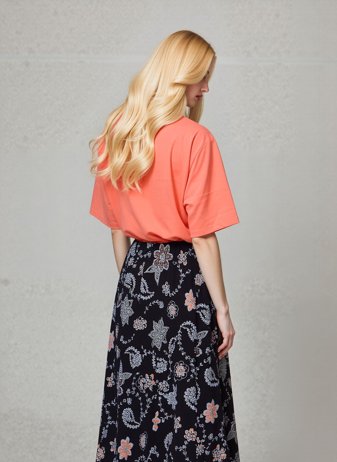 Orange Floral Pull On Elasticated Skirt