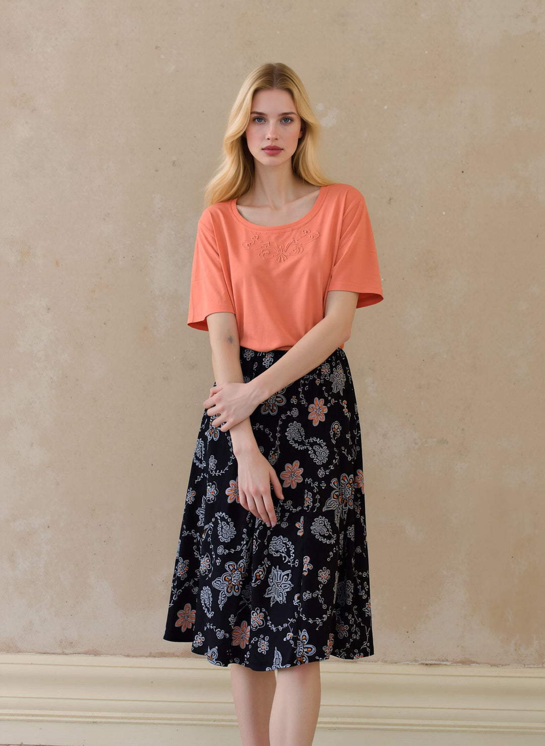 Orange Floral Pull On Elasticated Skirt