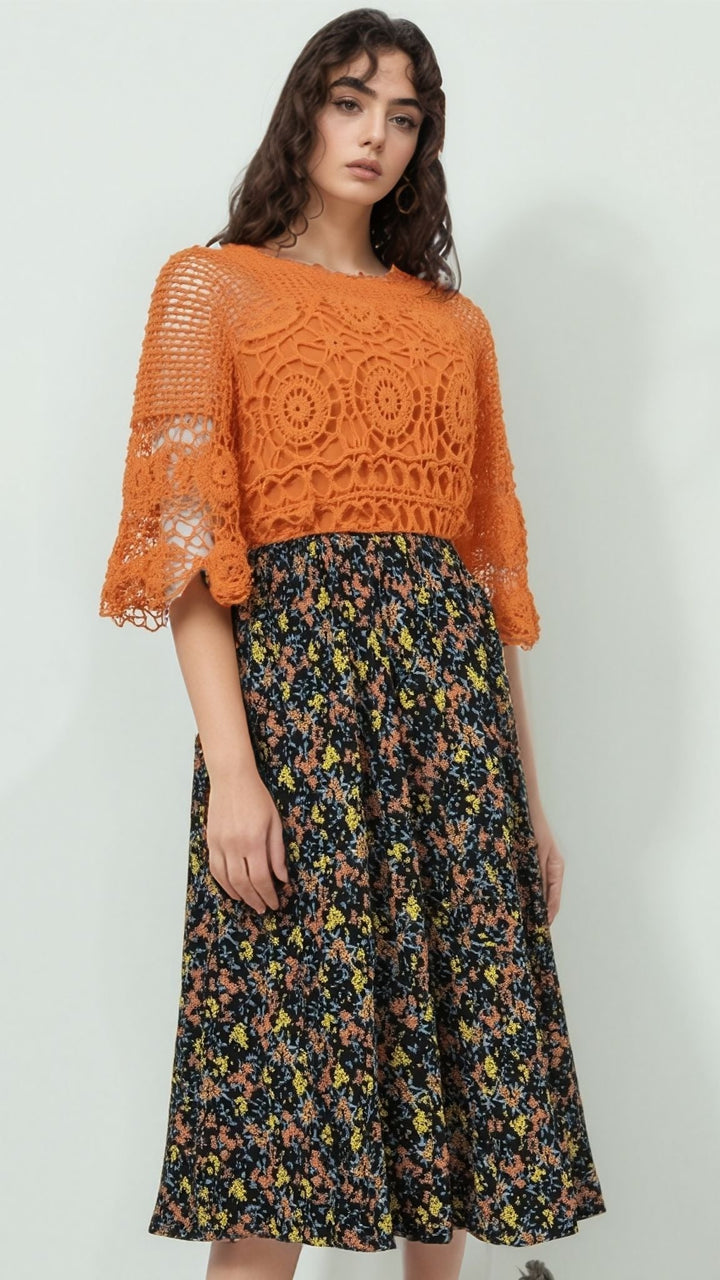 Orange Flower Pattern Elasticated Skirt