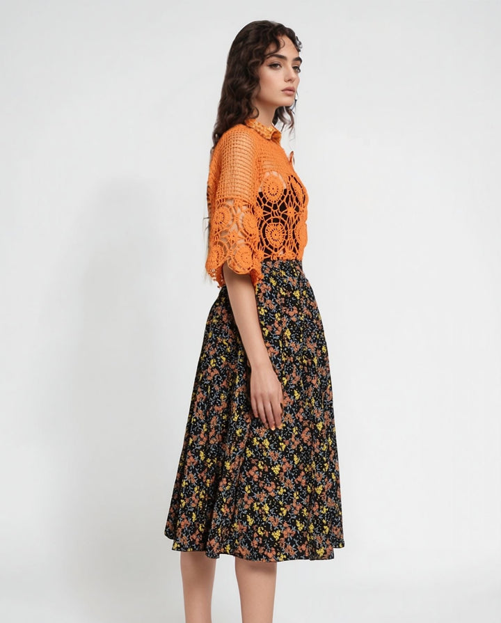 Orange Flower Pattern Elasticated Skirt