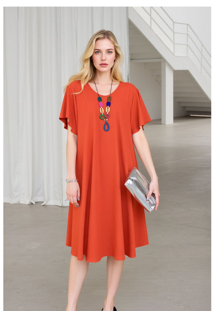 Orange Midi Dress Loose Fit Short Sleeve Swing Dress with Statement Necklace