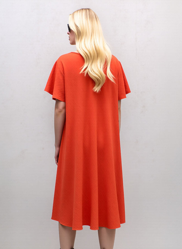 Orange Midi Dress Loose Fit Short Sleeve Swing Dress with Statement Necklace