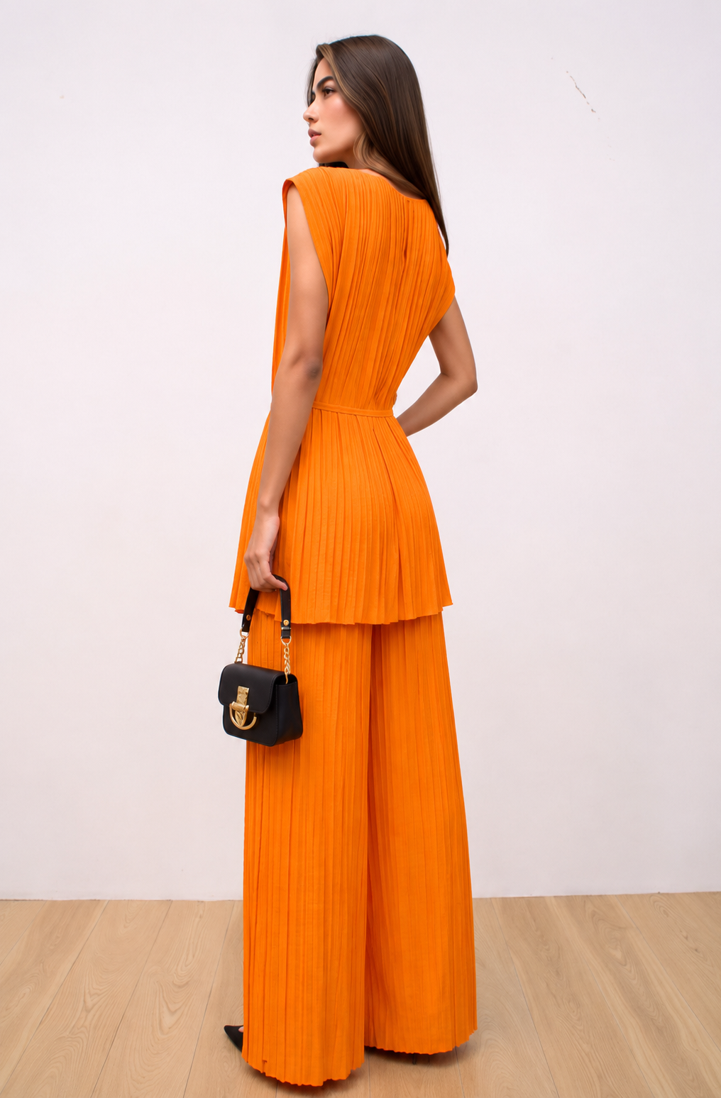 Orange Pleated Wide Leg Co-Ord Set Elegant Relaxed Fit Two Piece Outfit