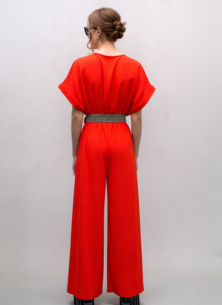 Orange V-Neck Wide Leg Jumpsuit with Belt