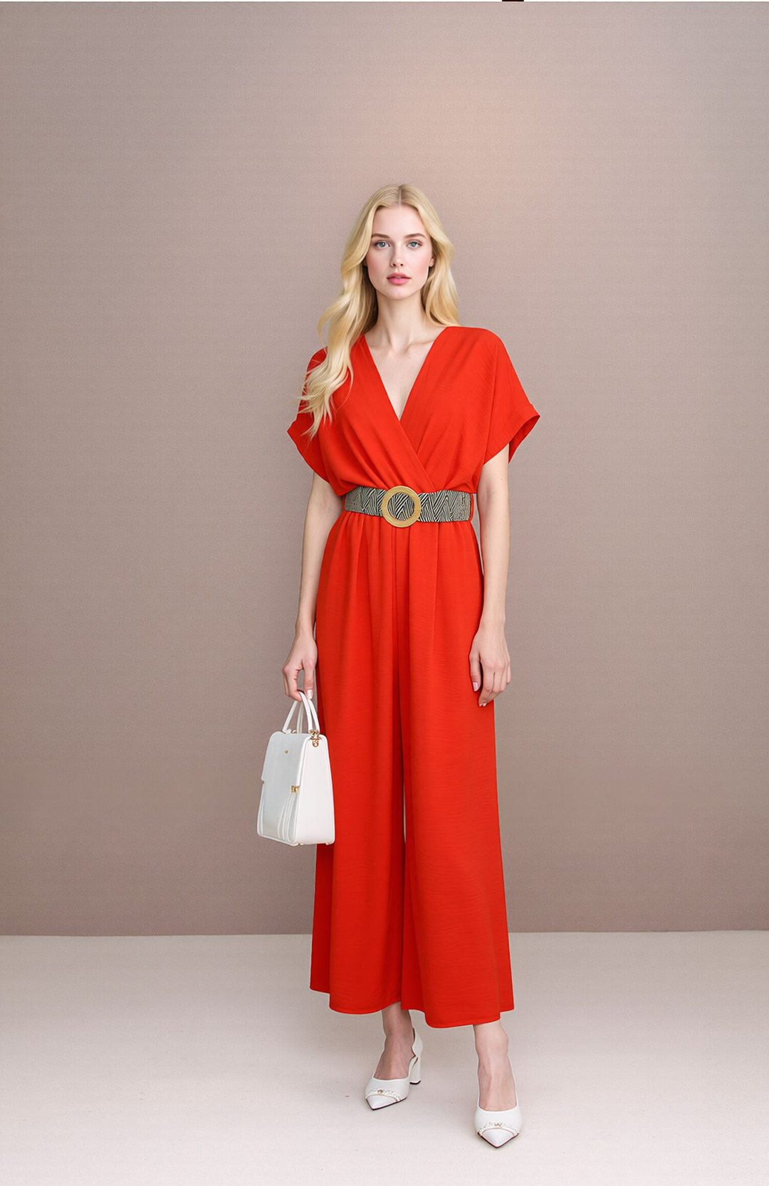 Orange V-Neck Wide Leg Jumpsuit with Belt