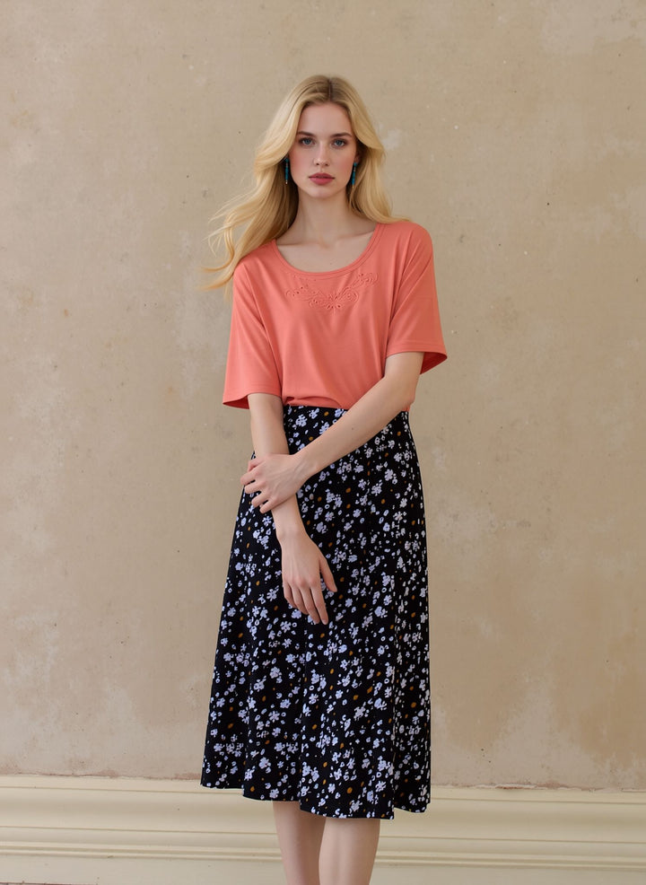 Orange & White Floral Pull On Elasticated Skirt