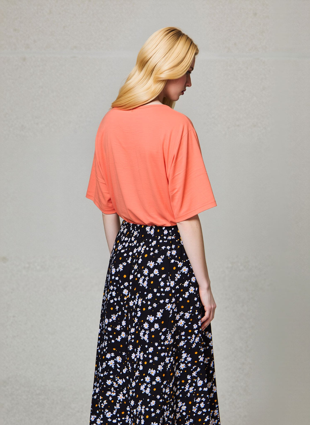 Orange & White Floral Pull On Elasticated Skirt