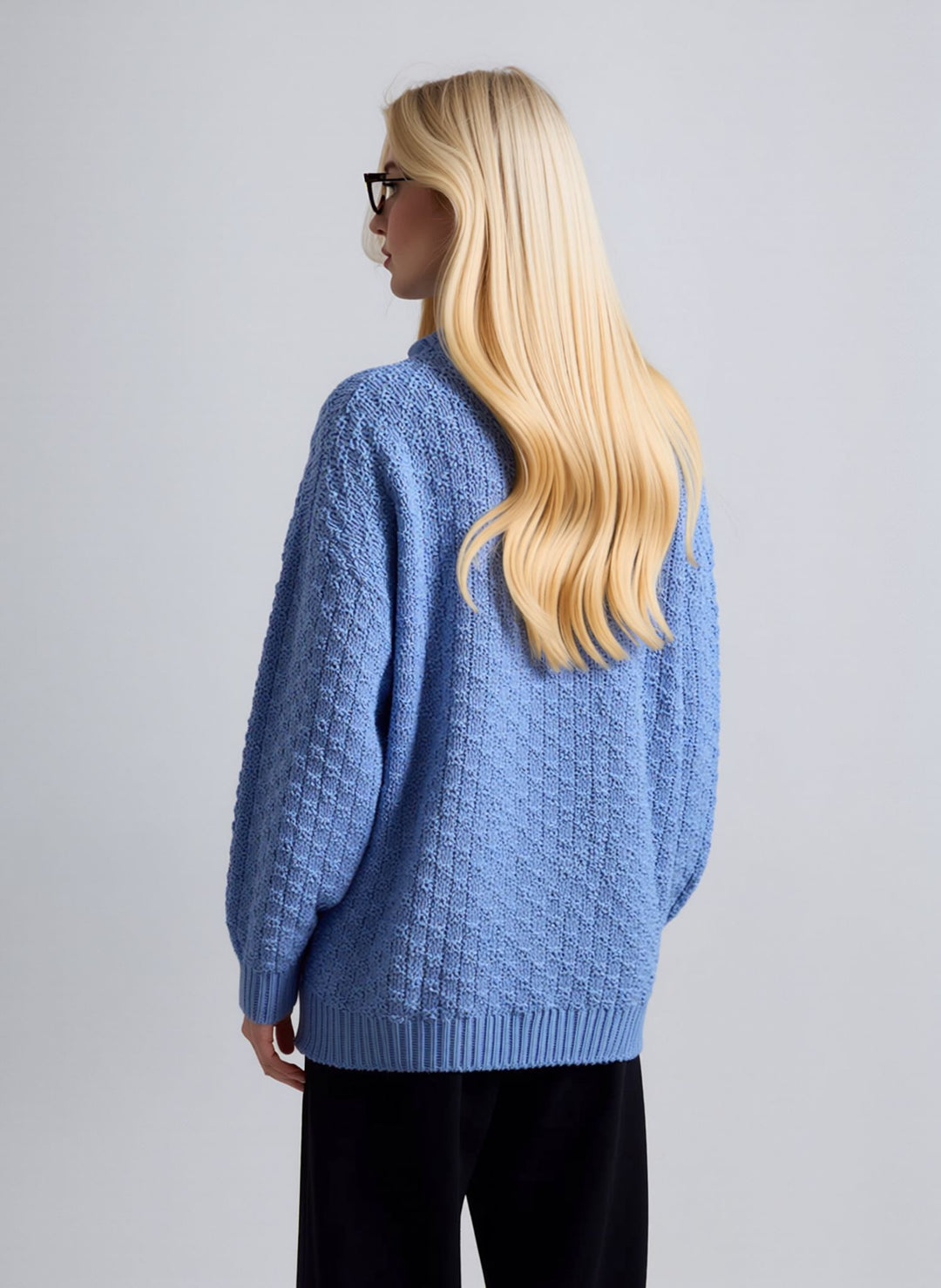 Pale Blue Knit Round Neck Cardigan with Pockets