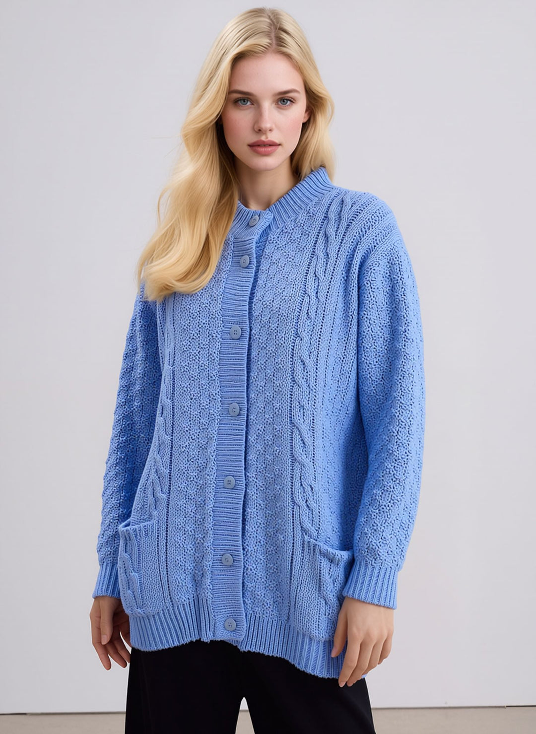 Pale Blue Knit Round Neck Cardigan with Pockets