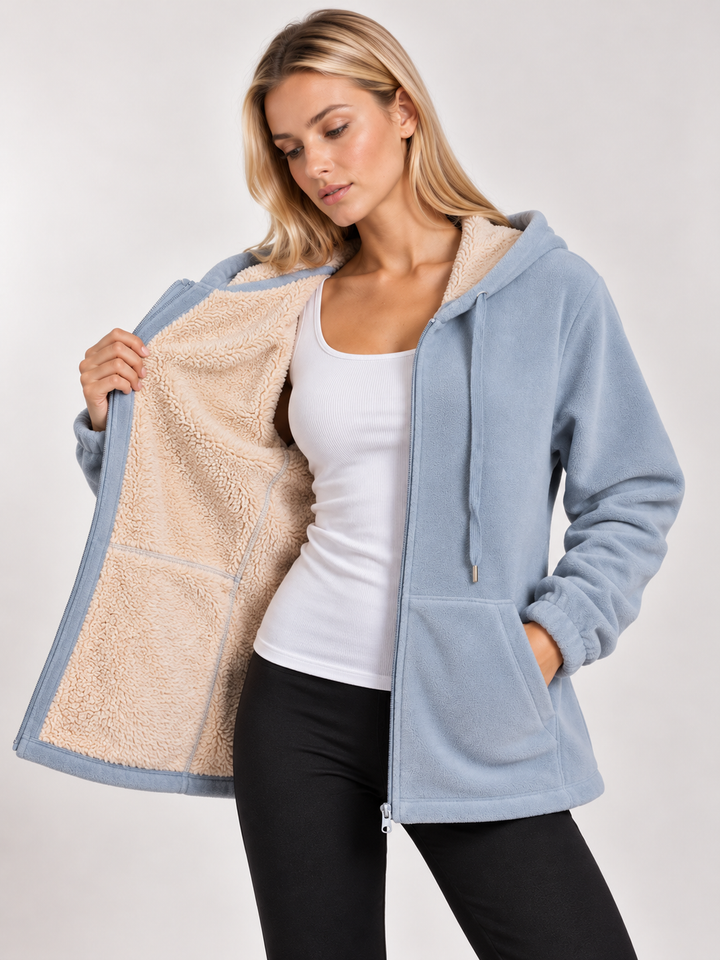 Pale Blue Sherpa Lined Zip-Up Hooded Fleece Jacket