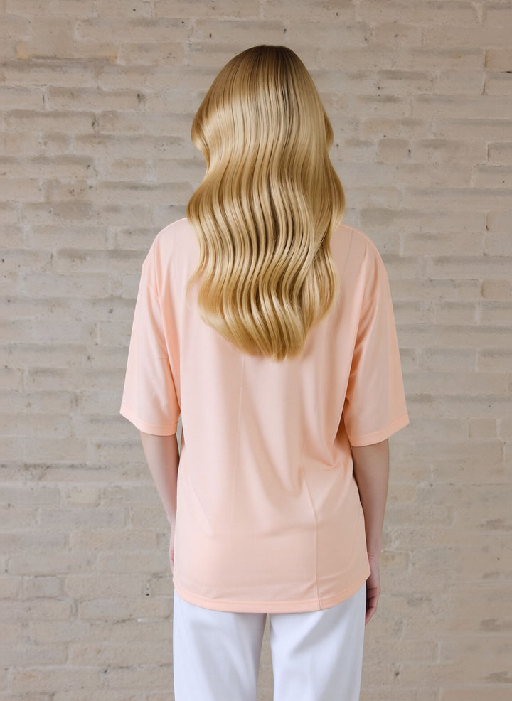 Peach Embroidered Round Neck T-Shirt Soft Casual Summer Top