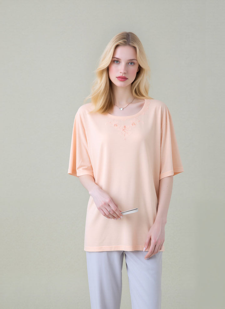 Peach Embroidered Round Neck T-Shirt Soft Casual Summer Top