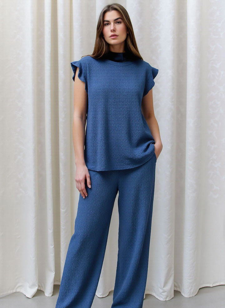 Petrol Blue Textured Frill Sleeve Co-Ord Lounge Set Wide Leg Trousers Two Piece Outfit