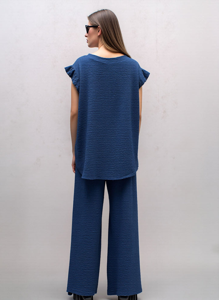 Petrol Blue Textured Frill Sleeve Co-Ord Lounge Set Wide Leg Trousers Two Piece Outfit