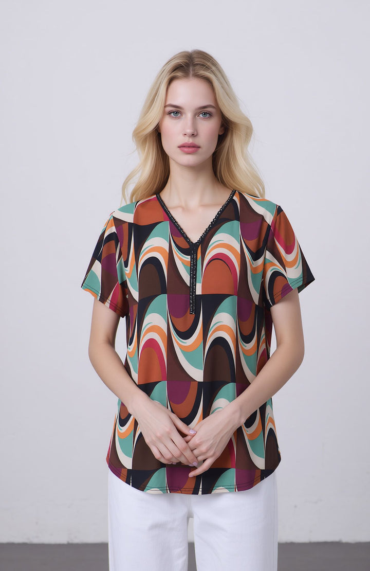 Pink Abstract Print V-Neck Zip Top Ireland  Short Sleeve Lightweight Blouse