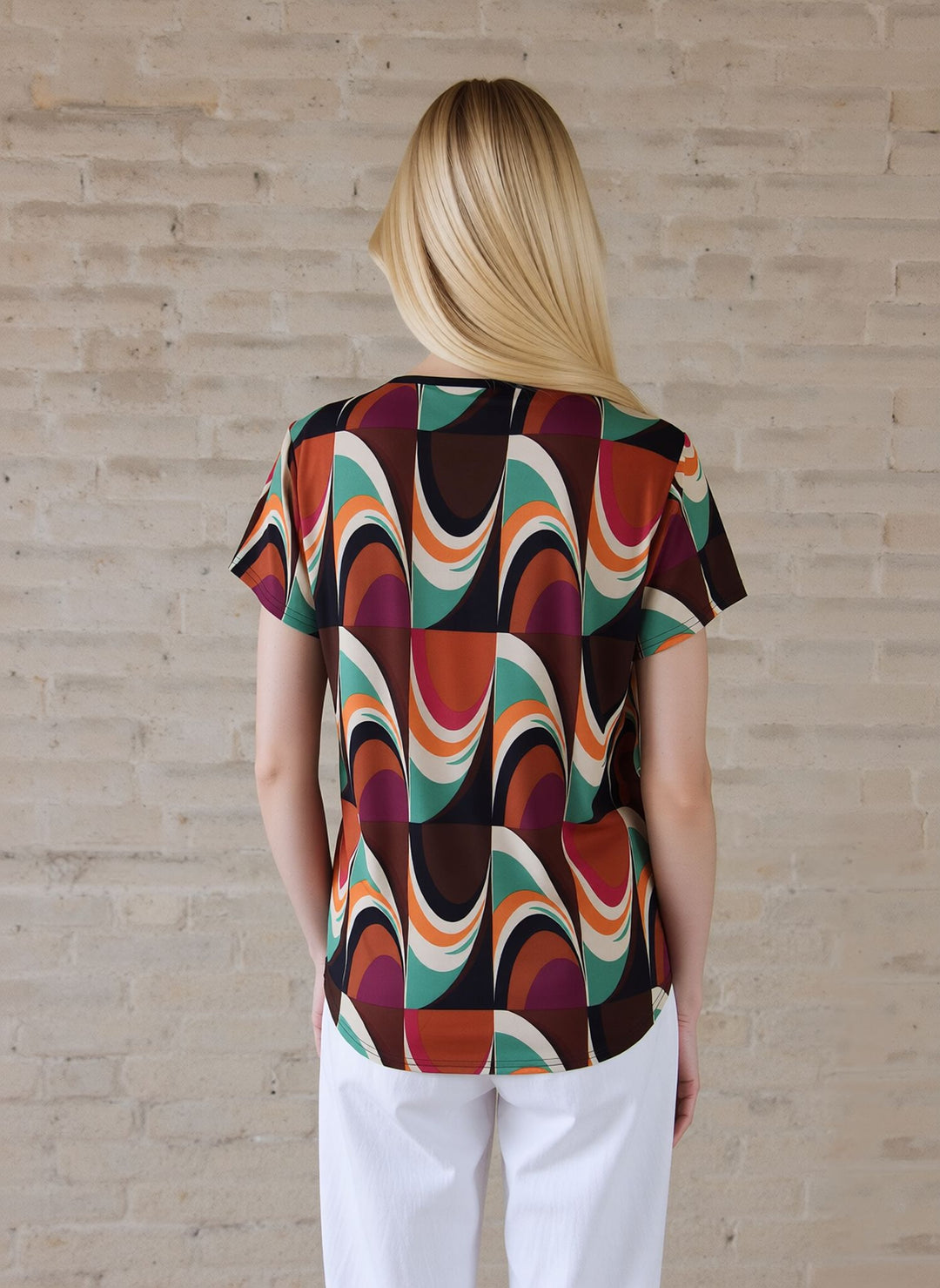 Pink Abstract Print V-Neck Zip Top Ireland  Short Sleeve Lightweight Blouse