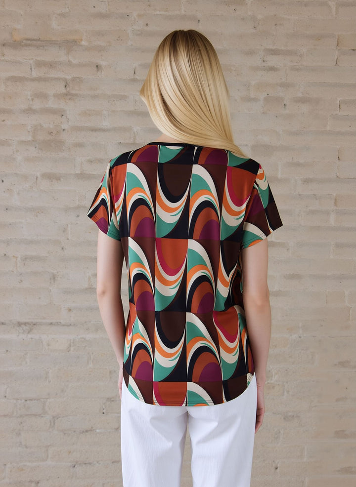 Pink Abstract Print V-Neck Zip Top Ireland  Short Sleeve Lightweight Blouse