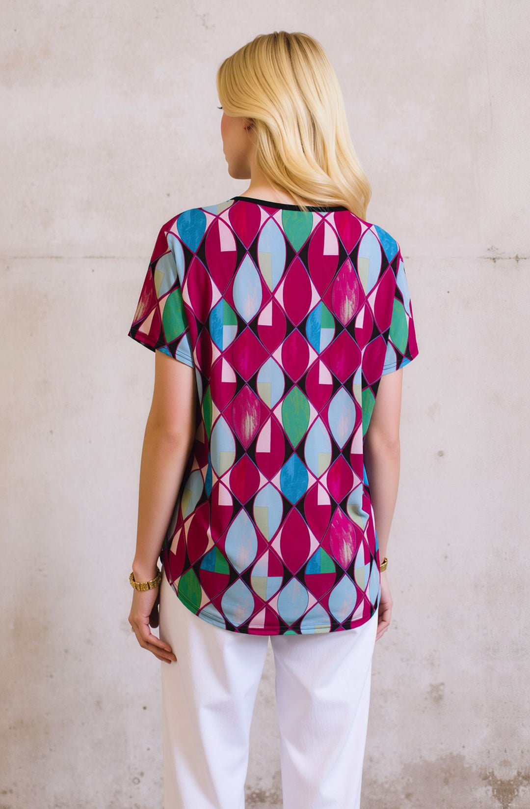 Pink Colorful Geometric Print Short Sleeve Blouse Button Top