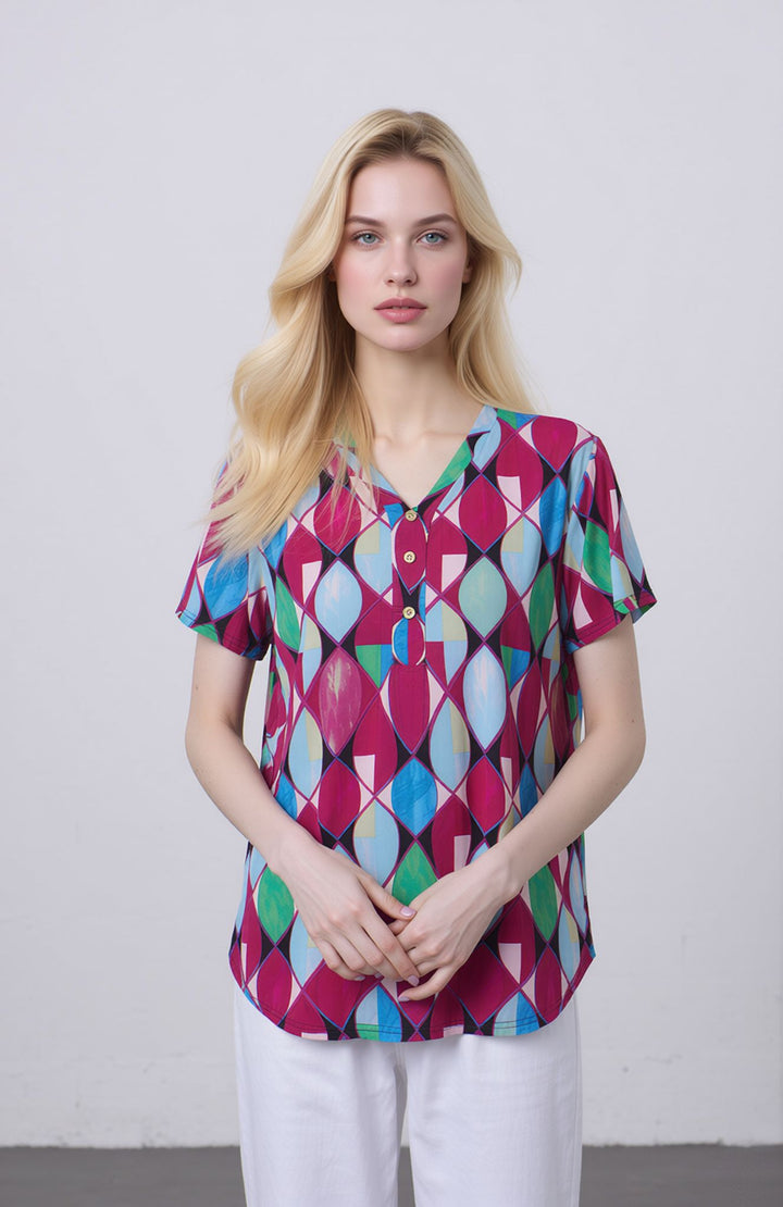 Pink Colorful Geometric Print Short Sleeve Blouse Button Top