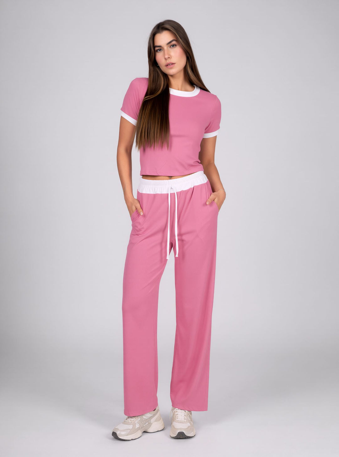 Pink Contrast Trim Lounge Set with Wide Leg Pants & Cropped T-Shirt Co-ord