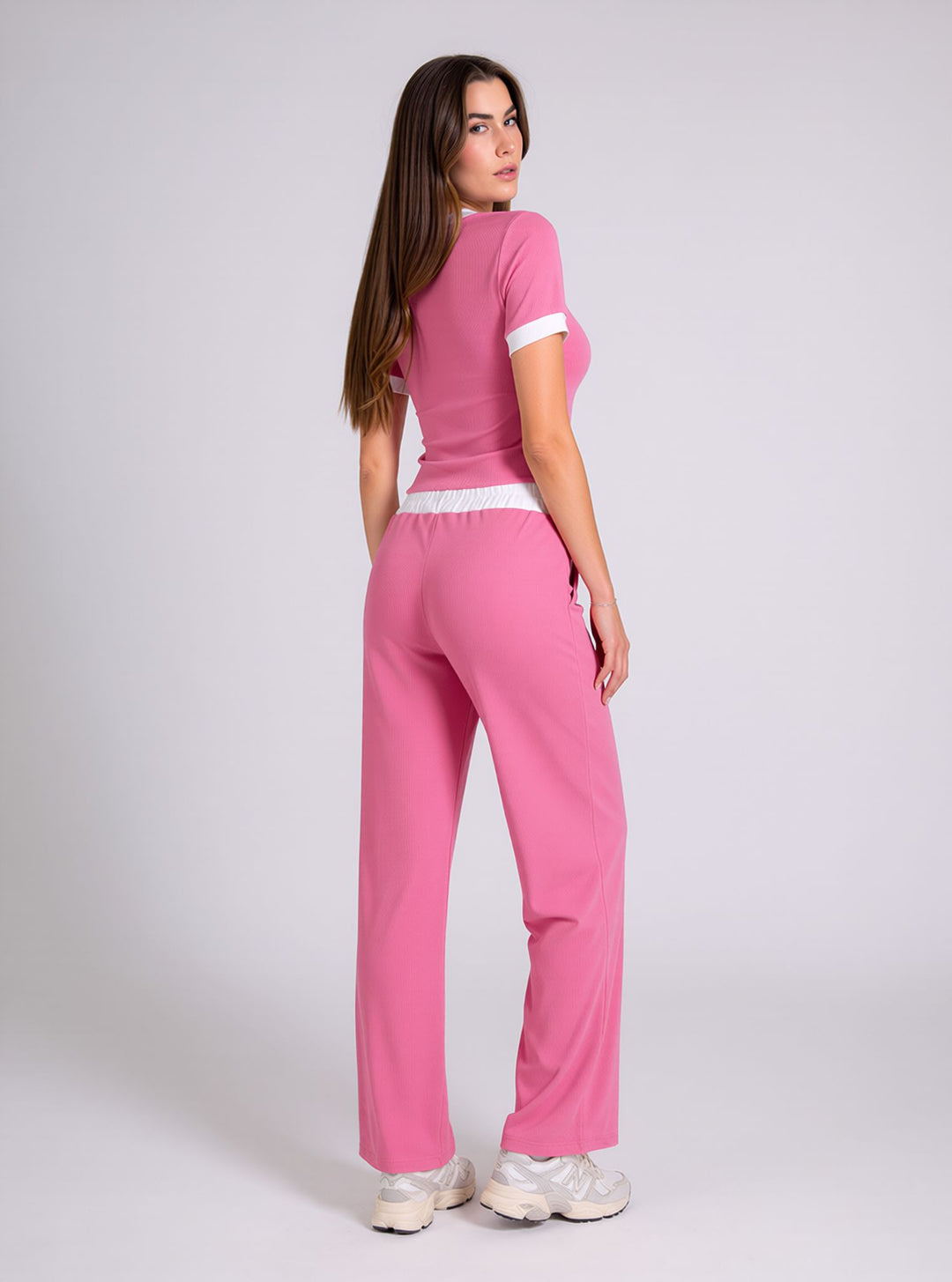 Pink Contrast Trim Lounge Set with Wide Leg Pants & Cropped T-Shirt Co-ord