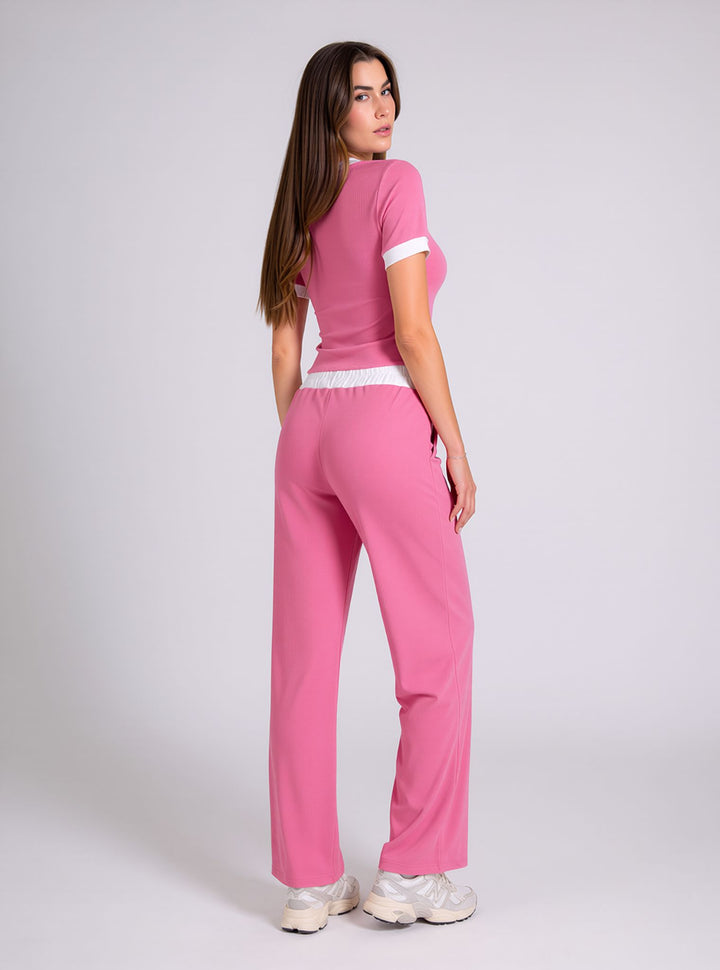 Pink Contrast Trim Lounge Set with Wide Leg Pants & Cropped T-Shirt Co-ord