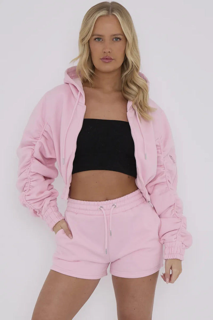 Pink Cropped Ruched Sleeve Hoodie & Shorts Loungewear Co-ord