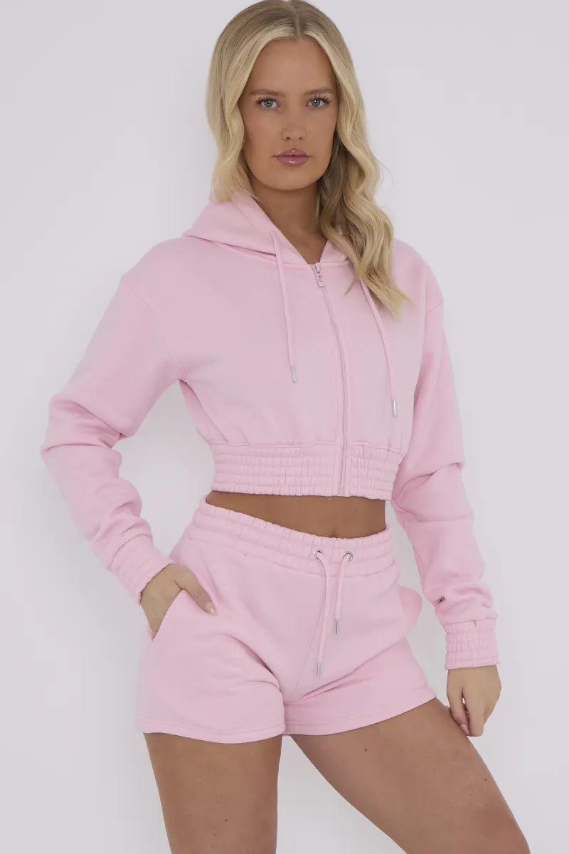 Pink Cropped Zip Up Hoodie & Shorts Loungewear Co-ord