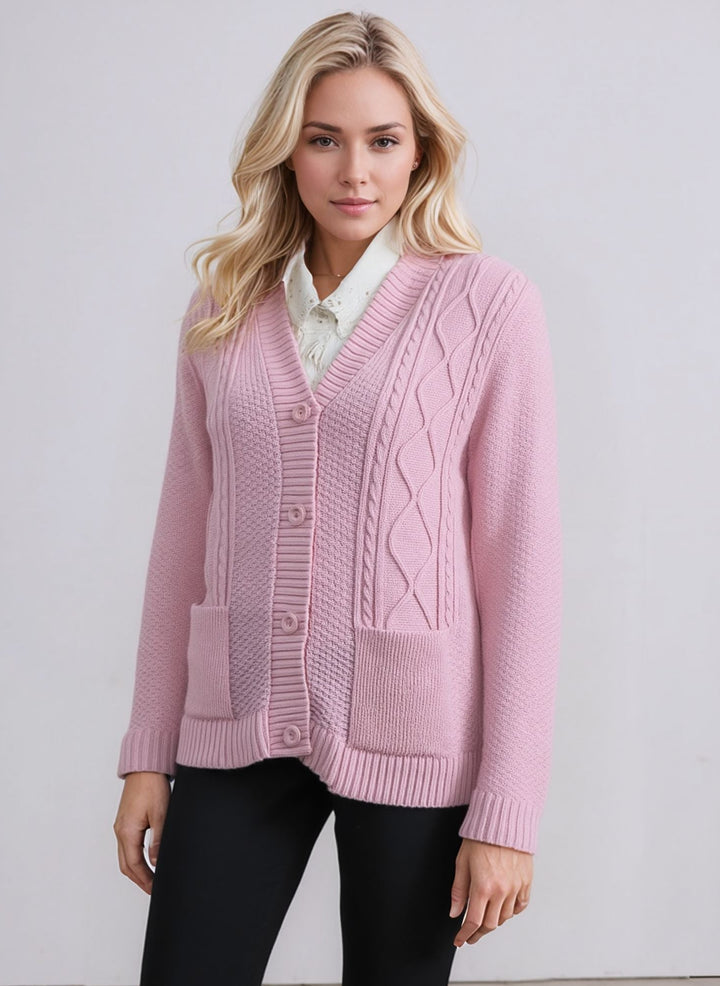 Pink Diamond Pattern V-Neck Button Cardigan with Pockets