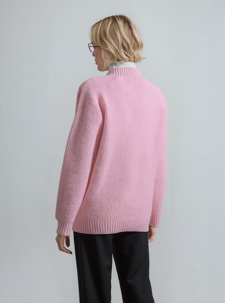 Pink Diamond Pattern V-Neck Button Cardigan with Pockets