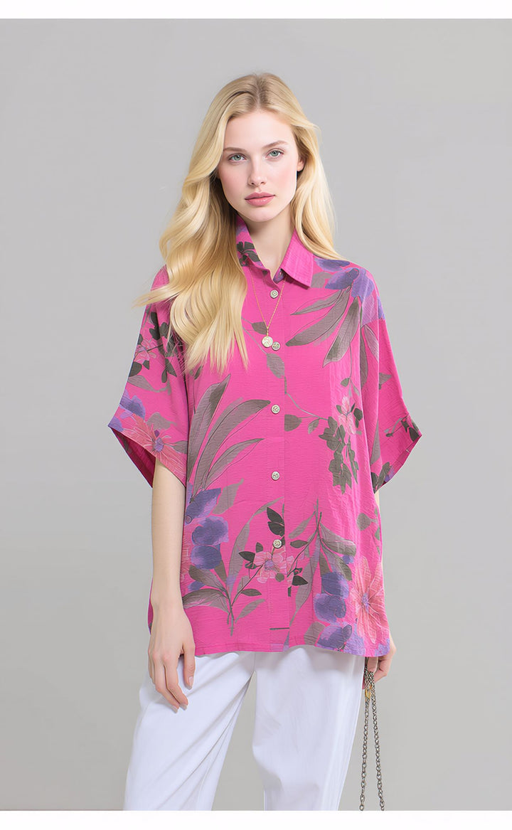 Pink Floral Cotton Button Lightweight Summer Shirt Top