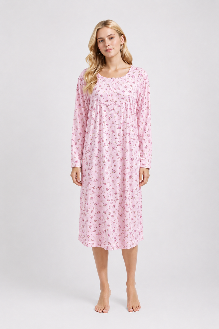 Pink Floral Long Sleeve Nightdress Soft Comfortable Nightwear