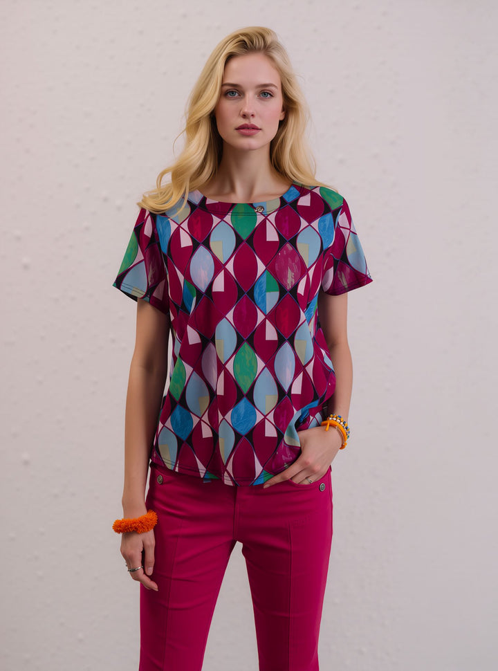 Pink Geometric Print Short Sleeve Top